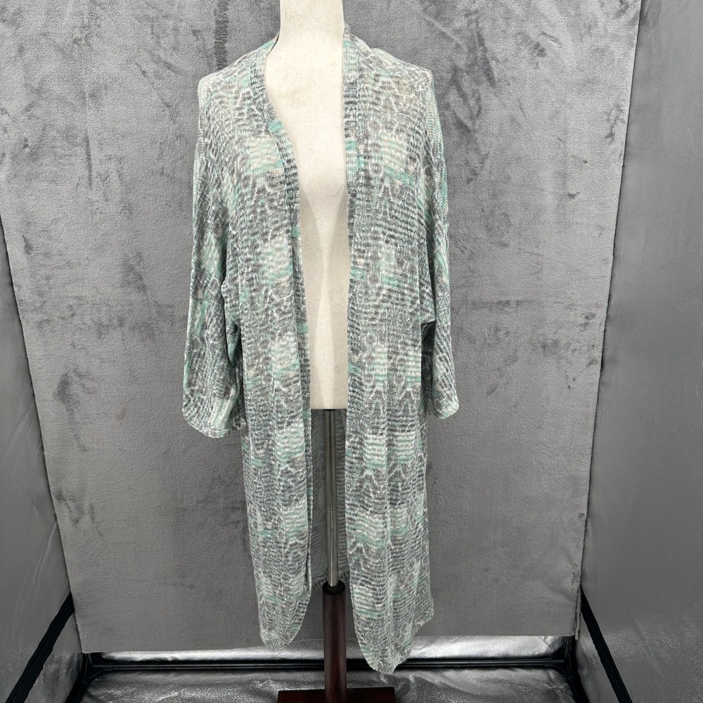 Cato Duster Cardigan Woman 26/28W Green Gray Knit  Lace Back Boho‎ Lagenlook
